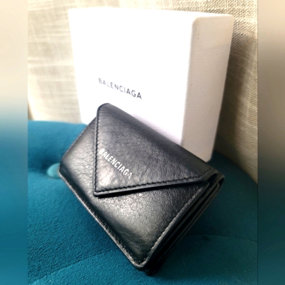 Balenciaga black envelope wallet with box and cards